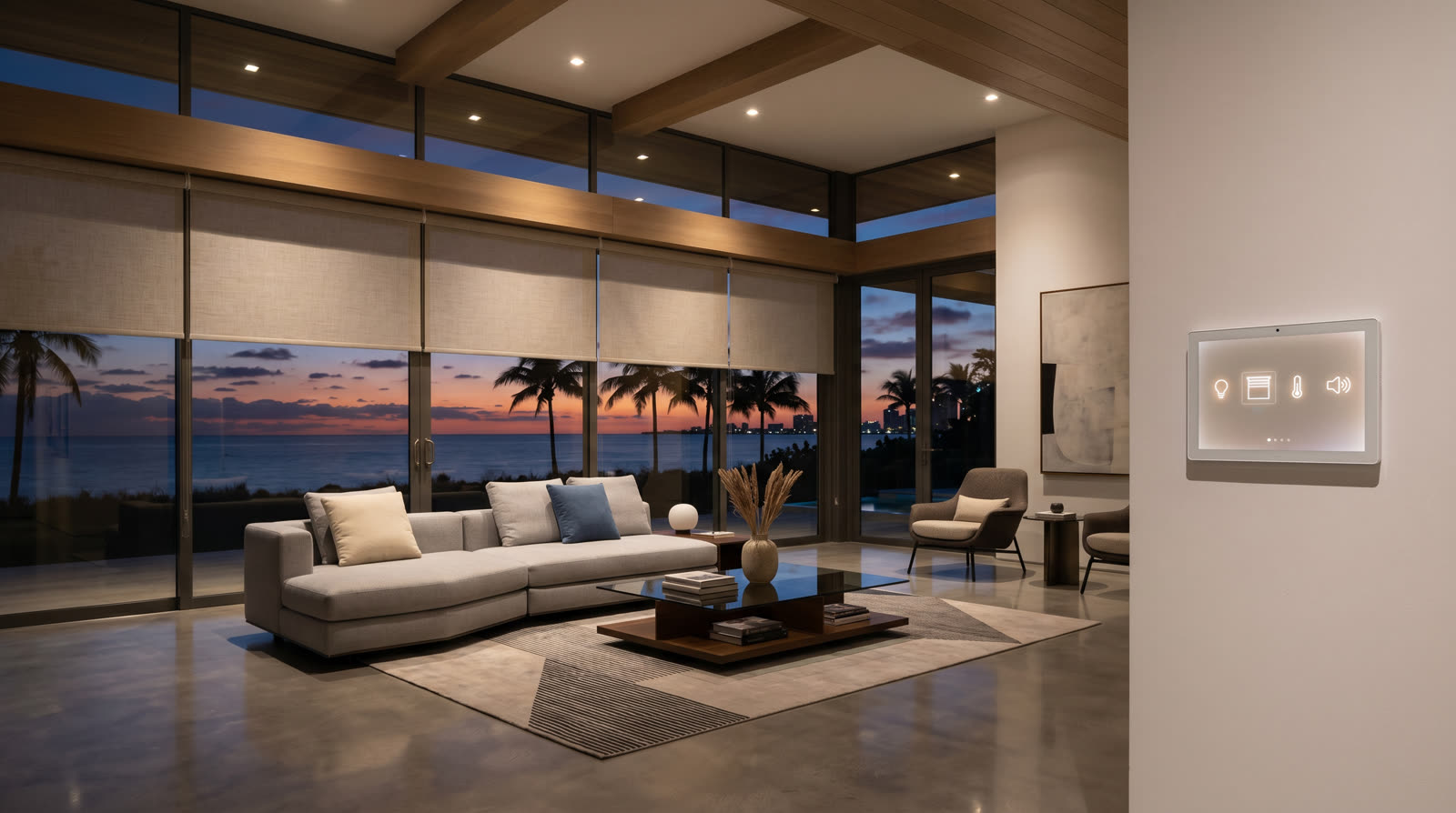 Luxury Miami residence with automated shades, scene lighting, and wall-mounted control panel