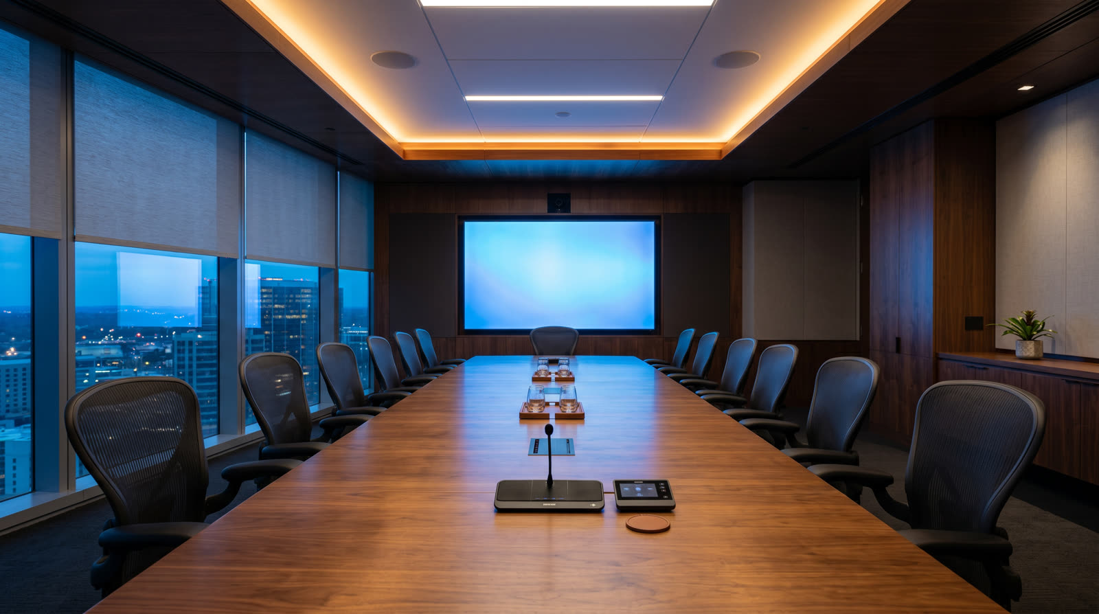 Executive boardroom with large 4K display, beam-forming microphone array, and motorized shades