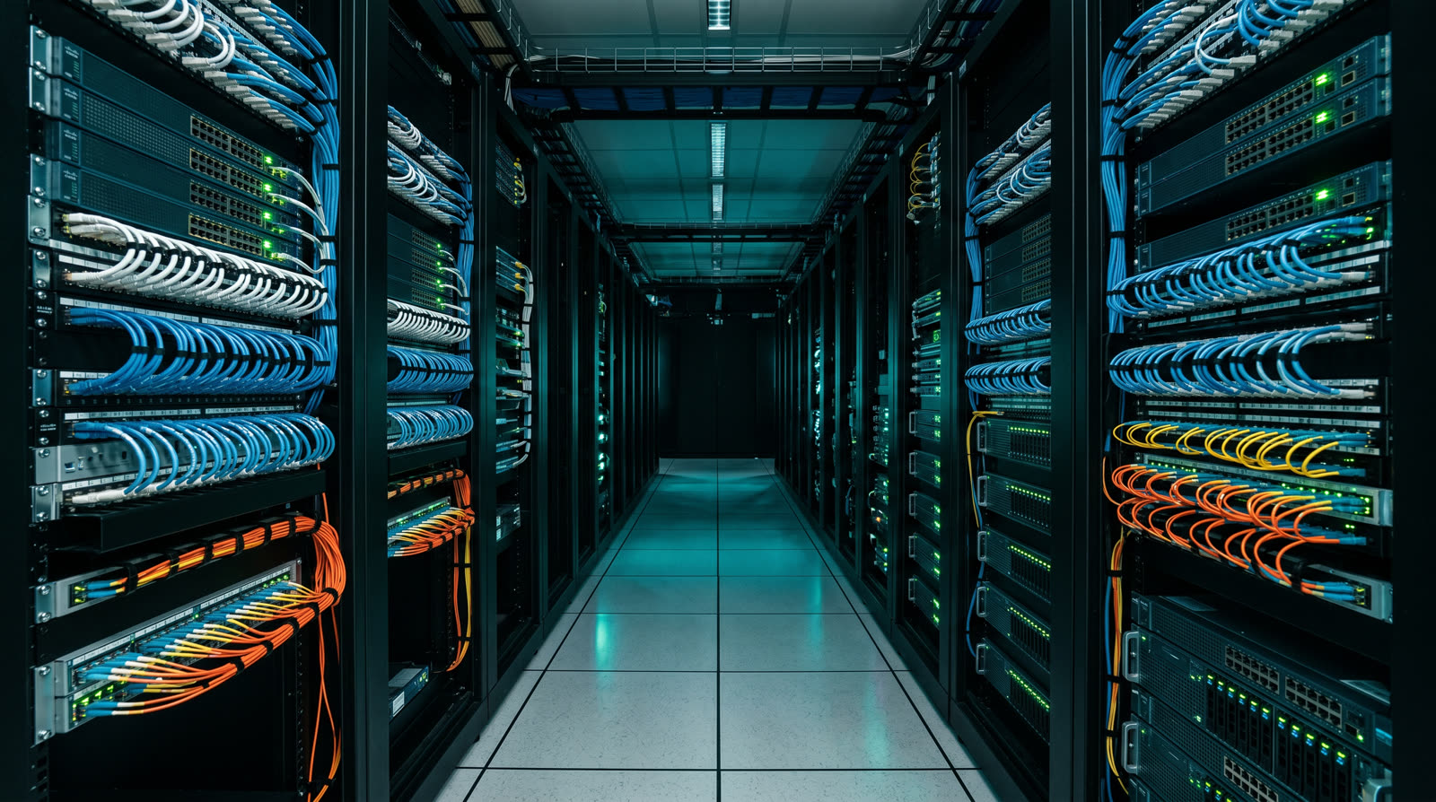 Enterprise server room cold aisle with neatly cabled network equipment racks